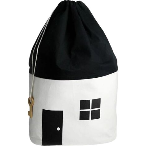 Bolsa de algodón para juguetes con forma de casa y cordón ajustable, decoración de dormitorio infantil en blanco y negro para guardar juguetes.