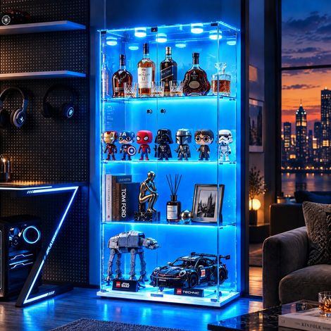 JOOKGBD-Glasvitrine,2 Tür vitrinenschrank 4 Regalen transparent, mit Schloss und LED,Sammlerstücke Glasvitrine,Bücherregal aus Glas,Vertikale Glasvitrine,für Wohnzimmer Schlafzimmer Büro,Weiß