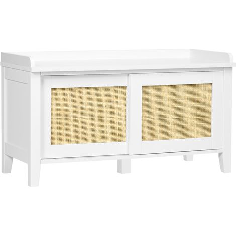 Banc à chaussures entrée porte coulissante 80 x 35 x 45 cm rangement et assise design épuré scandinave en MDF blanc (1/5)
