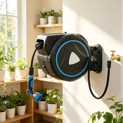 Dévidoir automatique 55x31x50 cm en PVC bleu, gain de place pour jardin FLORAGRACE (1/5)