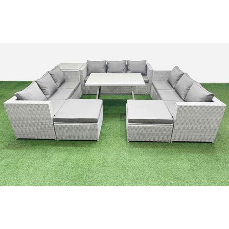 Fimous 11 Seat Outdoor Patio PE Rattan Garden Furniture with Cushions 3 Seater Sofa Side Table 2 Big Stools Light Grey (1/4)