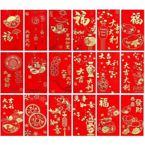 Lot de 36 enveloppes rouges créatives de style chinois, pochettes en papier raffinées, couleurs aléatoires-16.5x9cm