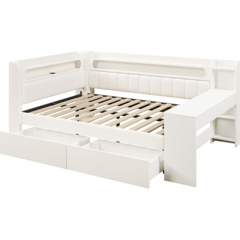 Cama de día tapizada 140x200 cm con escritorio, 2 cajones, USB y luz LED, blanca HOMVRA (1/5)