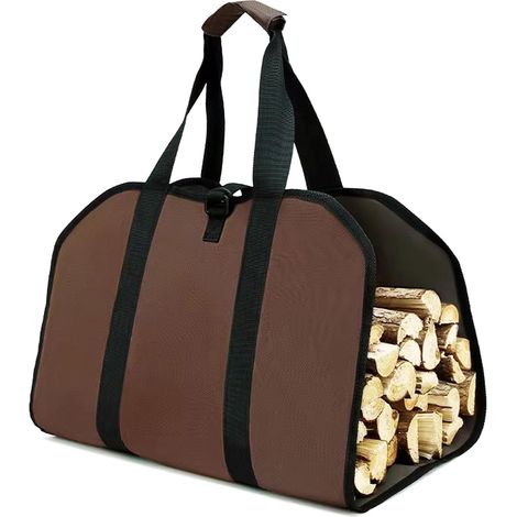 Bolsa de lona (marrón) para transporte portátil de leña, adecuada para acampar y usar en una chimenea. (1/5)