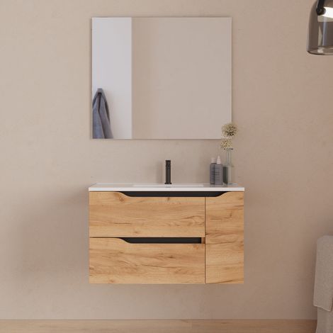 Meuble de salle de bain 80cm avec vasque centrée - 2 tiroirs et un placard - roble (chêne clair) - ZARZA (1/5)