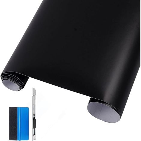 Film en Vinyle Noir Mat Autocollant, libération de l’air sans Formation de Bulles – Adapté pour Une Utilisation Automobile en extérieur - avec Couteau et Outil à Main
