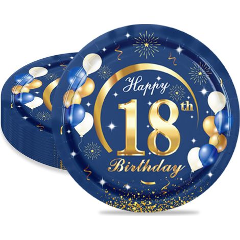 16 Pièces Assiette pour Fête Anniversaire 18 ans,9 Pouces/23cm Bleu Or Papier Assiette Dessert Plateau Vaisselle pour Décoration Anniversaire 18 ans Homme Femme (1/5)