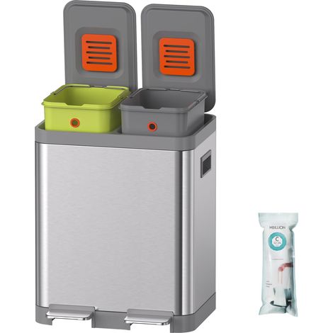Poubelle de cuisine à double marche et poubelle de recyclage, en acier inoxydable, avec seaux intérieurs amovibles, pour la maison, le bureau (15 + 15 L, argent) (1/5)