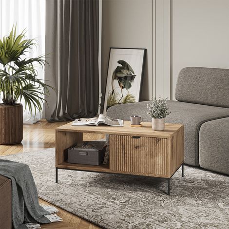 Mesa de centro Eliza, Roble vikingo, 90 x 50 cm con un cajón, Vicco