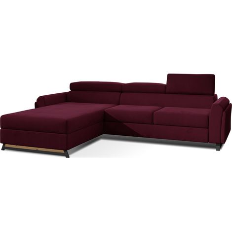 Canapé d’angle convertible MAZALI velours - Appuis-tête réglables et rangement-Prune-Méridienne A gauche (1/5)