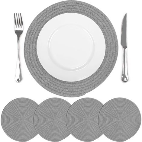 Lot de 4 sets de table gris ronds tressés, antidérapants, lavables et résistants à la chaleur, 33x33 cm. (1/5)