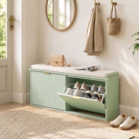 Banc à chaussures avec coussin d'assise rembourré et tiroir rabattable pour couloir, chambre, 104 x 26 x 47,5 cm, vert (1/5)