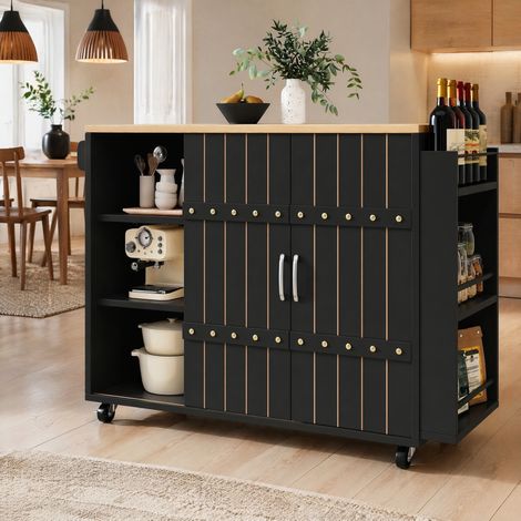 Îlot de cuisine 110x42x90 cm en MDF noir, extensible pour salle à manger FloraGrace (1/5)