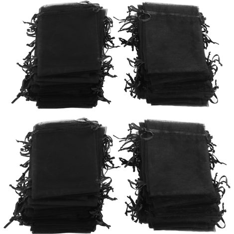 Sachet en organza à cordon de serrage (200 pièces), design élégant, 10 x 15 cm, sachet cadeau noir décoratif pour bijoux de mariage. (1/5)