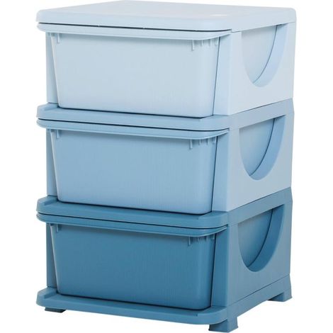 Boîte de rangement pour enfants, 3 tiroirs, bords arrondis, motif en relief, 37 x 37 x 56,5 cm, bleue