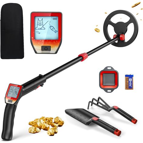 Detecteur Metaux Enfant, Léger Detecteur de Metaux Enfant avec Tige Réglable de 66 à 83 cm, écran LCD et Disque de Recherche étanche, Détecteurs Métaux pour Enfants avec Pelle Râteau Tamis Sac, Rouge