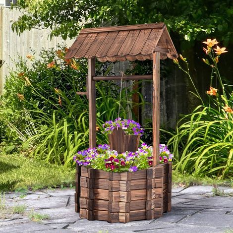 COSTWAY Holzbrunnen mit Dach, Tannenholz Wunschbrunnen Blumenkübel Blumentopf Garten Dekoration für Draußen Veranda 56x56x114cm (1/5)