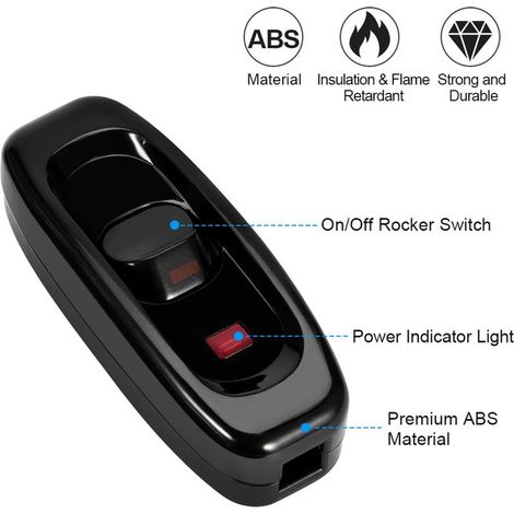 Lot de 1 Interrupteurs de Cordons En Ligne, interrupteur lampe de chevet, Interrupteur À Bascule, Intermédiaire ON/OFF, AC 250 V 10 A pour table de bureau, avec indicateur LED (noir) (1/5)