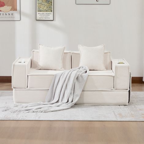 Divano 2 posti in velluto a coste beige 162x78x66 cm con 2 cuscini e tasche laterali