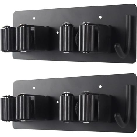 Wall-mounted broom and mop holder - sturdy stainless steel bracket with convenient hook, ideal for garage, kitchen, laundry room and bathroom (Pack of 2)