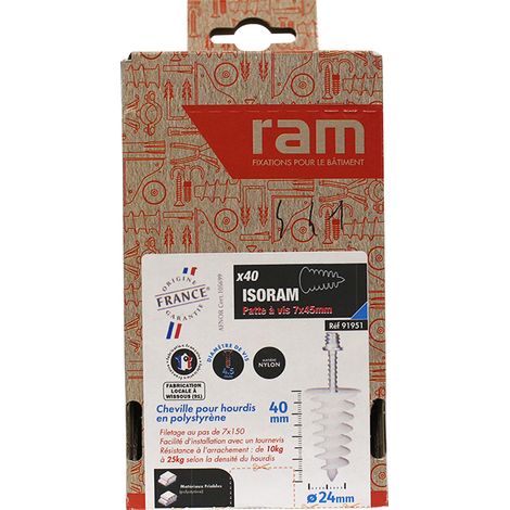 RAM – Lot de 40 chevilles Ø24 x 40 mm – 40 pattes à vis 7 x 45 – Résistance à l'arrachement 15/25 kg – Pour béton armé (1/6)