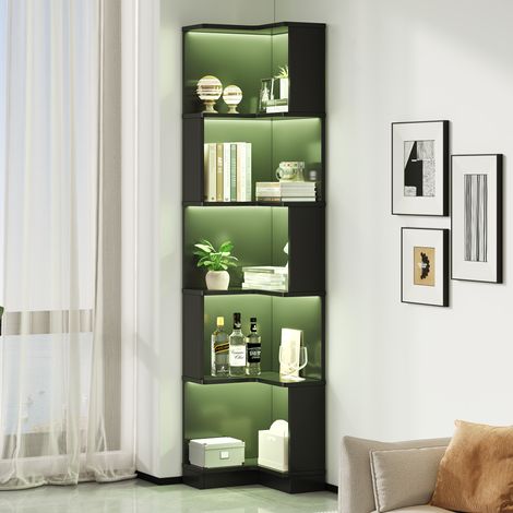Étagère d'angle 63,5 x 45 x 175 cm, bibliothèque multifonction en L, avec bande LED RGB pilotable par appli, 5 niveaux de rangement, noir (1/5)