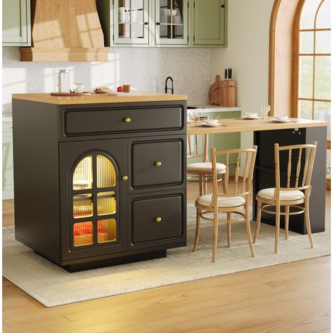 Isola da cucina allungabile con 4 cassetti, LED RGB, piano 122,5-195,5 cm, nero DESVIAE (1/5)
