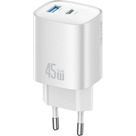 Caricabatterie da parete Usams CC290 T66 da 45 W GaN con 1 porta USB-A e 1 porta USB-C, colore argento. (1/5)