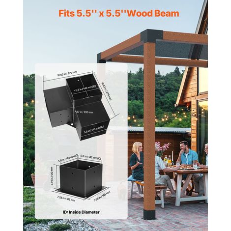 Kit Supports de Pergola, Lot de 8, Support de Poteau Bois 142x142 mm, 4 Supports d'Angle 3 Voies, 4 Bases de Poteaux, Acier au Carbone, pour Poutres Bois Standard, Banquet de Fête en Plein Air (1/5)