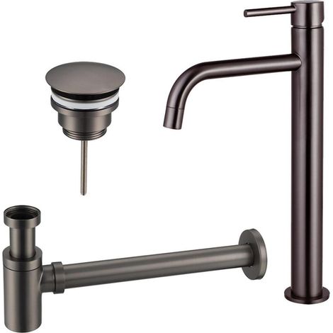 FugaFlow Eccelente Sobrado Slim Slim Kit mitigeur lavabo - robinet rehaussé - bonde non-obturable - siphon design bas - PVD Gunmetal (1/4)
