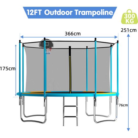 12FT Outdoor Trampoline With Basketball Hoop, Garden Trampoline With Safety Net & Ladder, Available For Toddlers And Adults, Up to 150kg