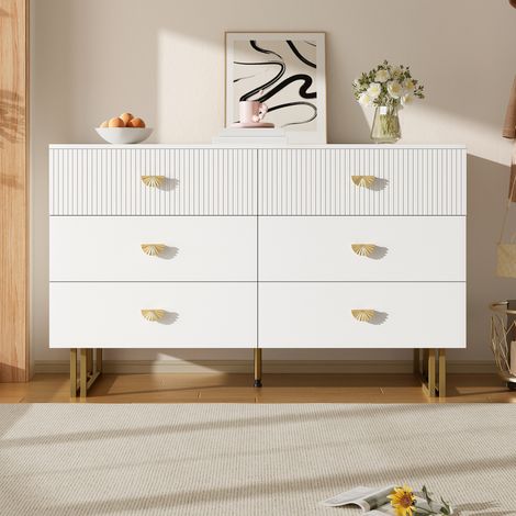 Credenza in MDF bianco con 6 cassetti, maniglie oro e gambe in acciaio, 120 x 40 x 75 cm