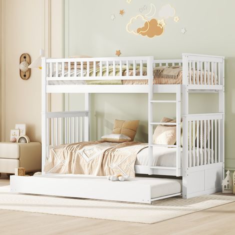 Litera de 90x200 cm para 3 personas con barandillas altas extraíbles y escalera estable en madera de pino blanco (Sin Colchón) (1/5)