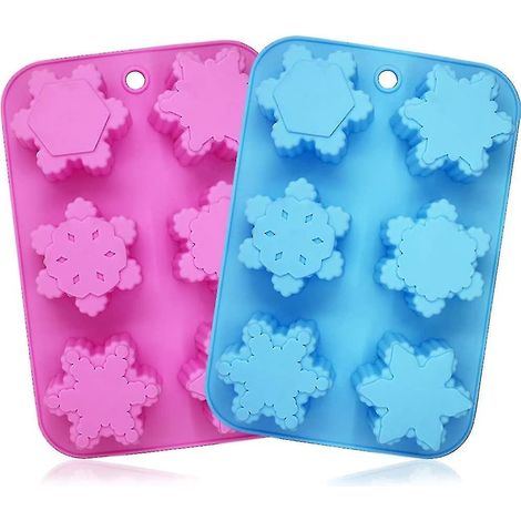 Lot de 2 moules à gâteaux en silicone à 6 cavités en forme de flocon de neige, pour muffins de Noël faits main, chocolats, bonbons et savons, bac à glaçons - Rose, Bleu (1/5)