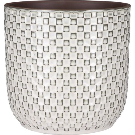 Pot de fleurs d'intérieur Blanc avec motif carré et finition brillante Ø 21,5 x H 20,5 cm - PANGIVO (1/4)