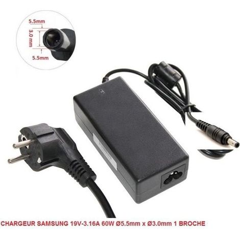 Chargeur compatible 19V 3.16A 60W pour Samsung Ø5.5mm x Ø3.0mm (1/2)