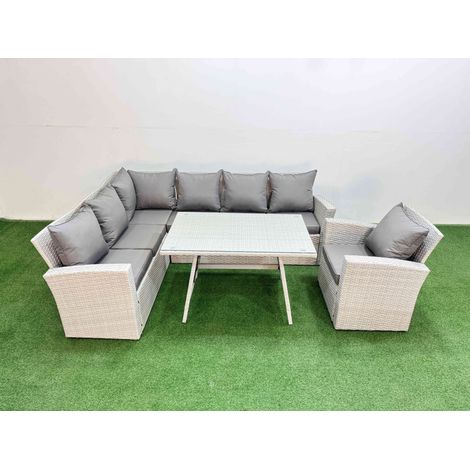 Fimous Garden Outdoor Rattan Furniture Set Rattan Corner Sofa Oblong Dining Table with Armchair Light Grey Mixed 7 Seater (1/5)