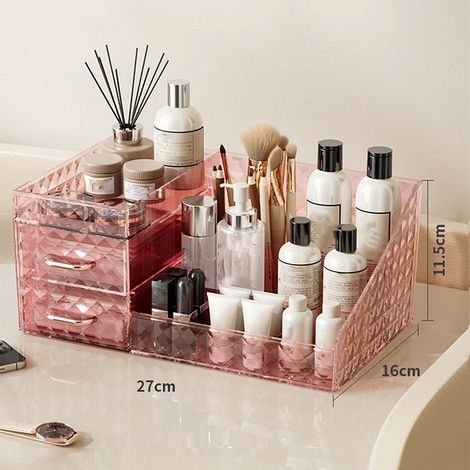 Boîte de rangement cosmétique grande capacité (rose) avec tiroir transparent (1/2)