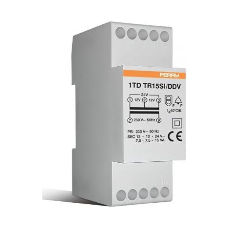 PERRY Trasformatore 15VA per servizio intermittente uscite 4-8-12V 2 DIN, montaggio a retroquadro IP40 - 1TDTR15SI/QOD