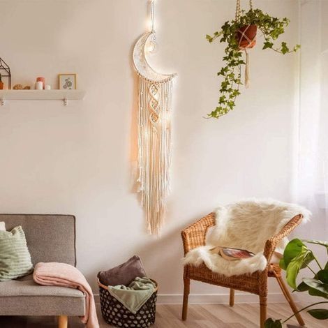 Boho-Makramee-Wandbehang mit LED-Licht, gestrickter Mond-Traumfänger-Wandteppich aus Baumwolle mit Quasten, Dekoration für Kinderzimmer, Partyschmuck, Geschenkidee (Mond) (1/4)