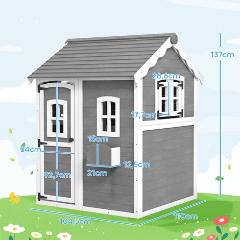 Spielhaus für Kinder, Indoor- und Outdoor-Haus mit Tür, Fenstern und Pflanzkasten, Tannenholz, Grau (1/5)