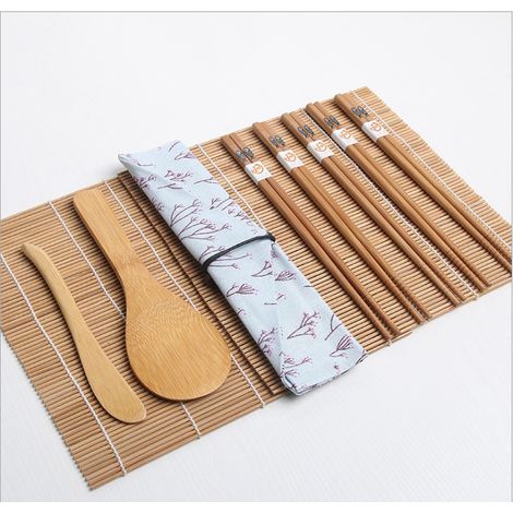 Tapis À Rouler Sushi - En Bambou Naturel - Kit Débutant Complet Avec 2 Tapis - 5 Baguettes - 1 Pelle - 1 Étaleuse - Sac En Tissu - 1 Pièce (1/5)