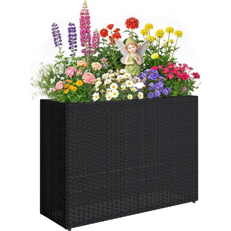 Fioriera rialzata in resina intrecciata, supporto per fiori con vassoio removibile e piedini regolabili, struttura in acciaio, nera