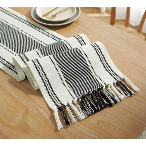 Schwarzer und weißer Tischläufer im modernen Landhausstil gewebter Läufer aus natürlicher Baumwolle mit Quasten für die Tischdekoration im 13 x