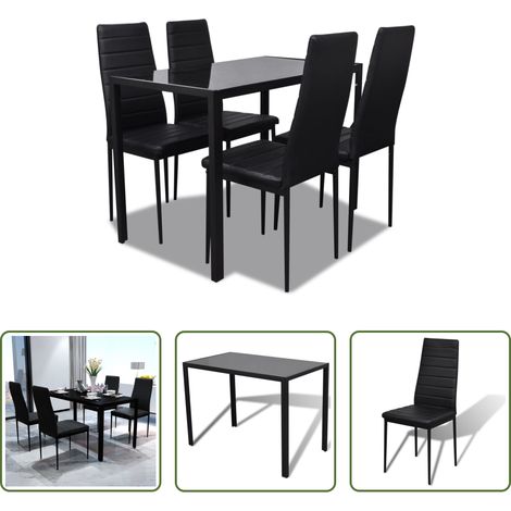 Esszimmer -  Essgruppe Tisch Stühle 5-tlg. Kunstleder Schwarz (1/5)