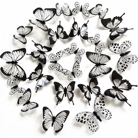 48 Pièces Stickers Muraux Papillons 3D Sticker Papillon Noir et Blanc avec Adhésif Papillons Sticker Mural Maison DIY Décor pour la maison salon salle détude bébé chambre fond stickers muraux (1/5)