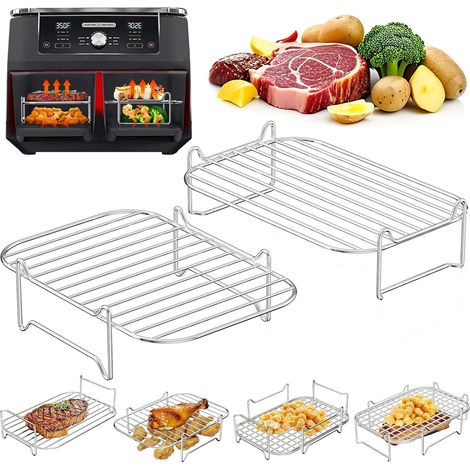 Grille Air Fryer Stackable, 2 Pcs Accessoires Air Fryer Chaud Dual Zone, Accessoires pour Friteuse à air En Acier Inoxydable 304 Compatible avec Ninja Foodi Dual, Cosori Twinfry et Autres
