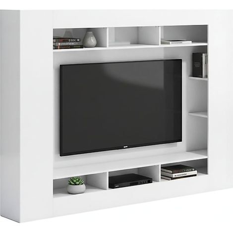 Wohnwand Sadali, Wohnzimmermöbel 7 Regale, Schubladen Made in Italy, 11 Fächer, 216x30.4x158.6h cm Hochglanz Weiß