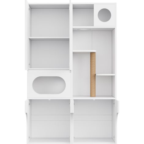Meuble pour litière chat, armoire animalerie, rangement animaux, griffoir avec colonne et zone de repos, pour 2 bacs à litière, chien et chat, blanc, 140 x 45 x 195 cm (1/5)