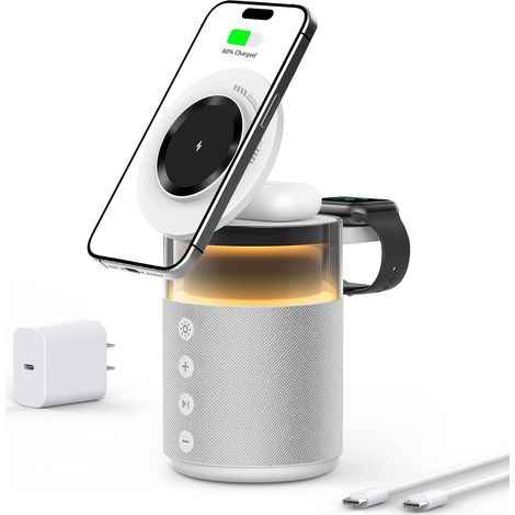 Haut-parleur Bluetooth 3-en-1 avec veilleuse et chargeur sans fil, lampe de chevet réglable avec station de charge à induction – Compatible avec 17/16/15/14/13/12 Pro Max, Watch 33W Blanc (1/5)